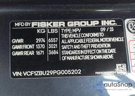 2023 Fisker Ocean One z USA, uszkodzony, nr VIN VCF1ZBU29PG005202